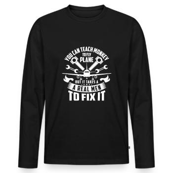 Teach monkey to fly plane real men fix it - T-shirt manches longues Premium bio Homme - noir - Devant - Nico (187cm)