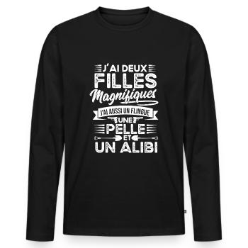Papa Deux Filles Magnifiques Cadeau Fête Des Pères - T-shirt manches longues Premium bio Homme - noir - Devant - Nico (187cm)