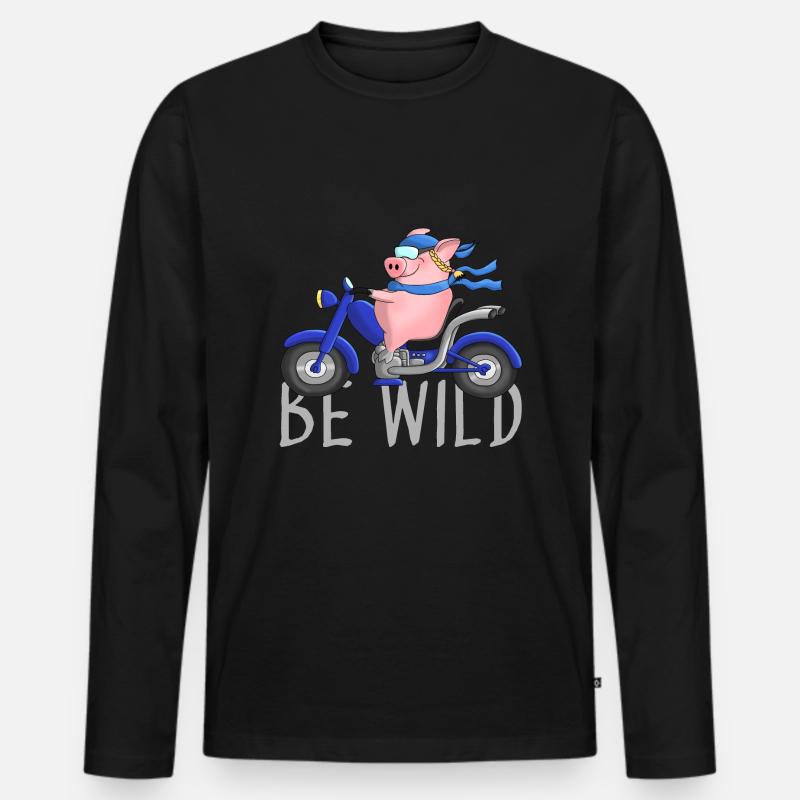 Witziges Schwein auf Chopper Comic - Männer Premium Bio Langarmshirt - Schwarz