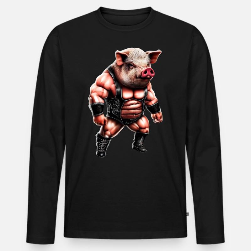 Wrestler Schwein - Männer Premium Bio Langarmshirt - Schwarz