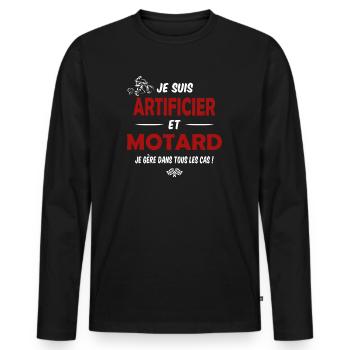 Artificier et motard cadeau humour moto - T-shirt manches longues Premium bio Homme - noir - Devant - Nico (187cm)