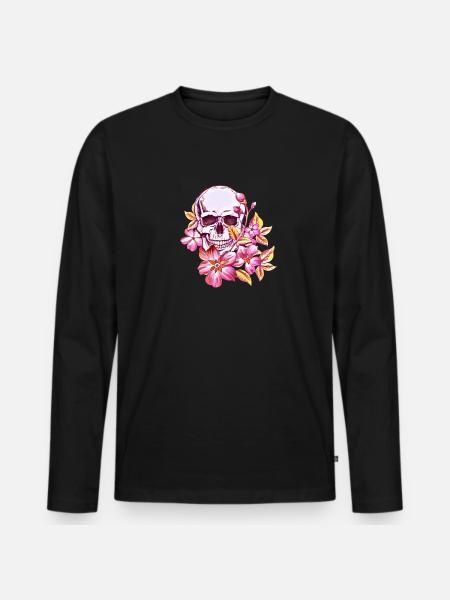 Crâne avec fleurs cadeau violet - T-shirt manches longues Premium bio Homme - noir