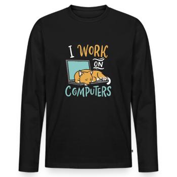 I Work on Computers Katze IT Entwickler Shirt - Männer Premium Bio Langarmshirt - Schwarz - Vorne - Nico (187cm)
