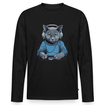 Musiker Russisch Blau Katze Kopfhörer Katzen Musik - Männer Premium Bio Langarmshirt - Schwarz - Vorne - Nico (187cm)