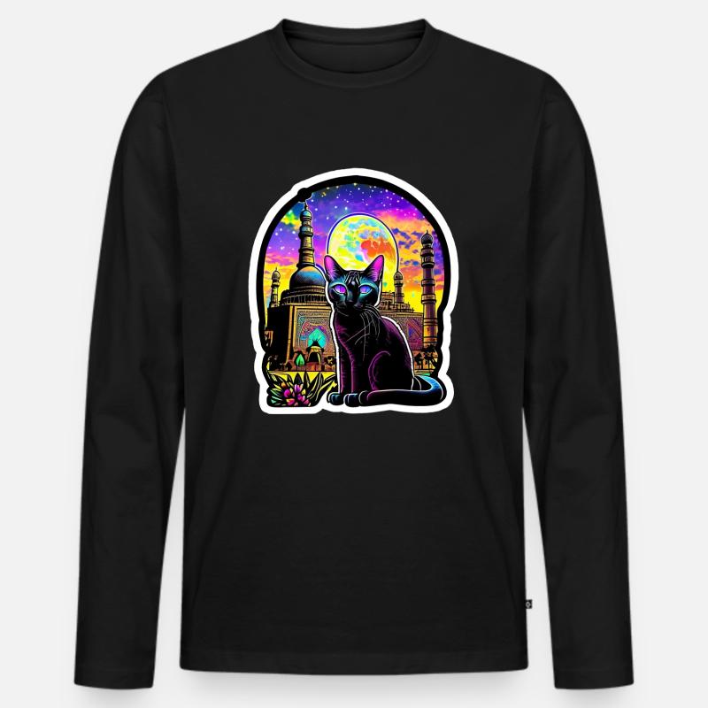 Oriental Cat Psychedelic - Männer Premium Bio Langarmshirt - Schwarz