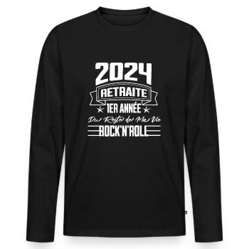 "2024 Retraite Rock'n'Roll - Première Année" BLC - T-shirt manches longues Premium bio Homme - noir - Devant - Nico (187cm)