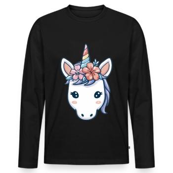 Einhornkopf mit Blumen, weiche Pastell-Fantasy-Kunst - Männer Premium Bio Langarmshirt - Schwarz - Vorne - Nico (187cm)