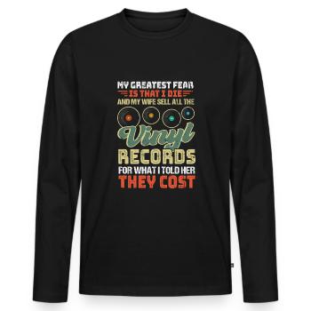 Drôle de collectionneur de disques - T-shirt manches longues Premium bio Homme - noir - Devant - Nico (187cm)