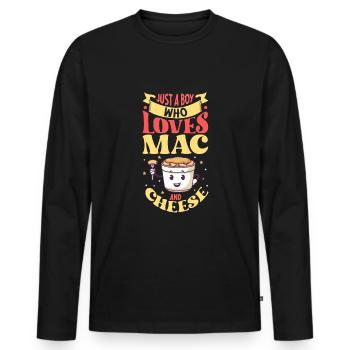 MAC AND CHEESE GIFT: powered by mac & cheese - Männer Premium Bio Langarmshirt - Schwarz - Vorne - Nico (187cm)
