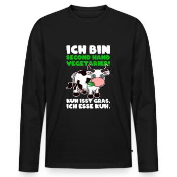 Ich bin Second Hand Vegetarier Shirt - Kuh - Männer Premium Bio Langarmshirt - Schwarz - Vorne - Nico (187cm)
