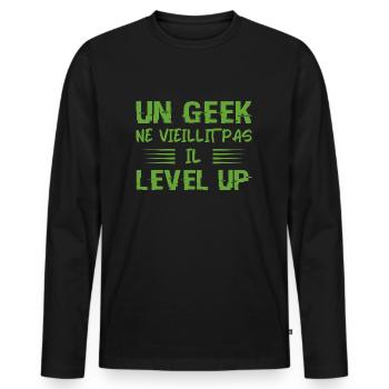 Un Geek Ne Vieillit Pas Il Level Up - T-shirt manches longues Premium bio Homme - noir - Devant - Nico (187cm)