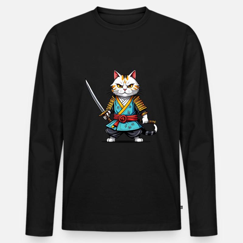 Samurai-Katze - Männer Premium Bio Langarmshirt - Schwarz