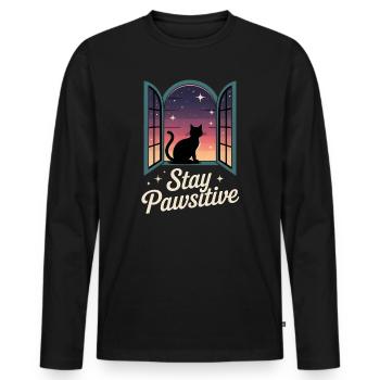 Stay pawsitive - Schwarze Katze am Fenster - Männer Premium Bio Langarmshirt - Schwarz - Vorne - Nico (187cm)