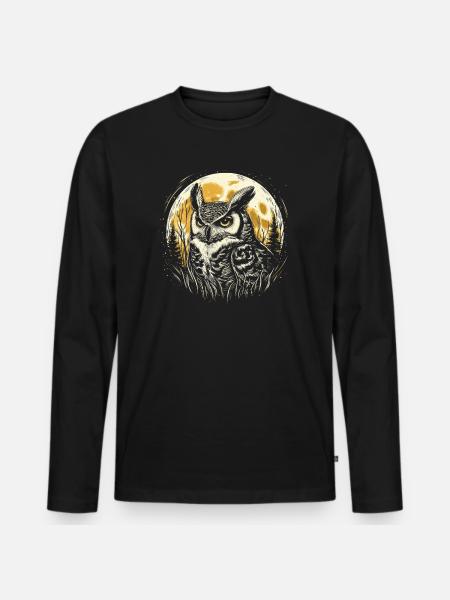Uhu mit Vollmond - Männer Premium Bio Langarmshirt - Schwarz