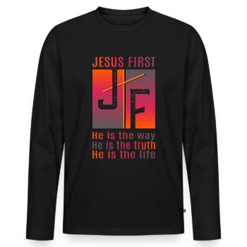 Jésus d’abord - T-shirt manches longues Premium bio Homme - noir - Devant - Nico (187cm)