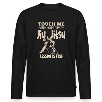 Touch Me And Your First Jiu Jitsu Lesson Is Free - Men's Premium Organic Long Sleeve Shirt - black - Front - Nico (187cm)