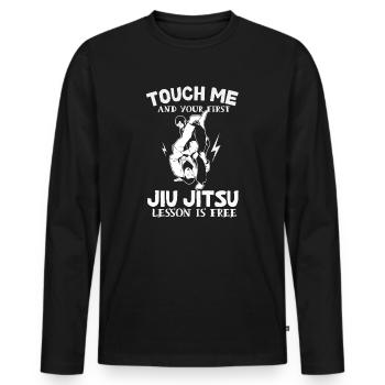 Touch Me And Your First Jiu Jitsu Lesson Is Free - Men's Premium Organic Long Sleeve Shirt - black - Front - Nico (187cm)