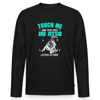 Touch Me And Your First Jiu Jitsu Lesson Is Free - Men's Premium Organic Long Sleeve Shirt - black - Front - Nico (187cm)