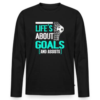 Life Is About Goals And Assists Futbol Soccer - Men's Premium Organic Long Sleeve Shirt - black - Front - Nico (187cm)