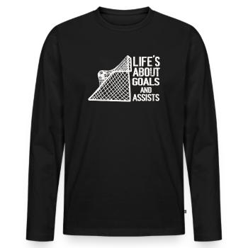 Life Is About Goals And Assists Futbol Soccer - Men's Premium Organic Long Sleeve Shirt - black - Front - Nico (187cm)