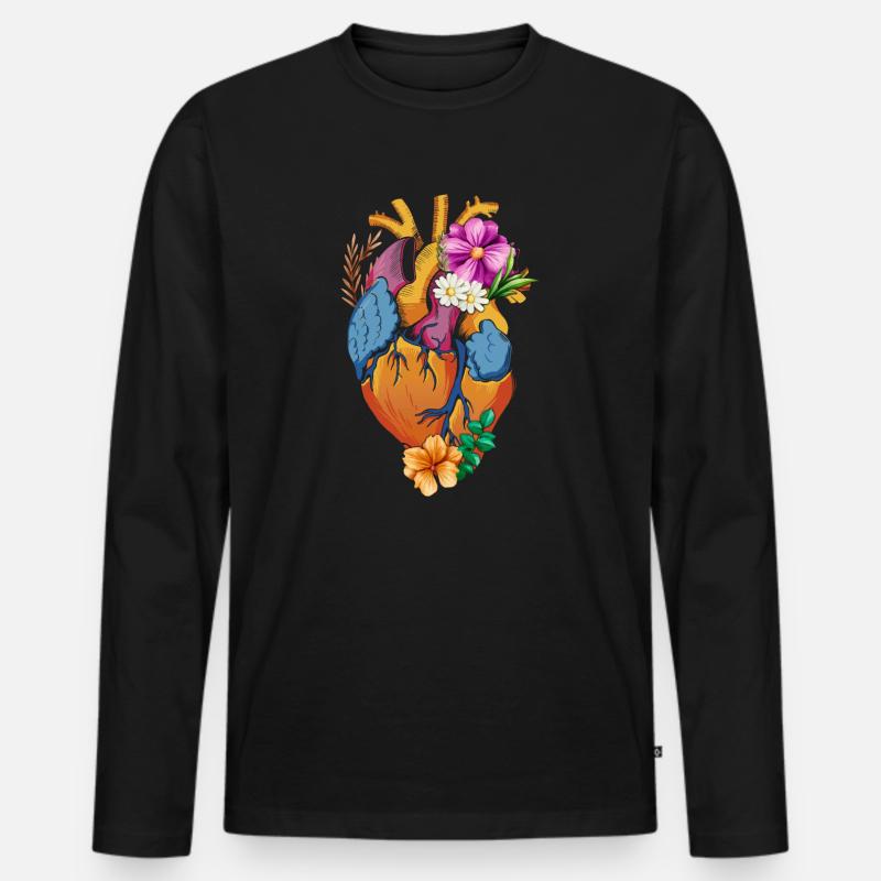 Anatomisches Herz und Blumen - Männer Premium Bio Langarmshirt - Schwarz
