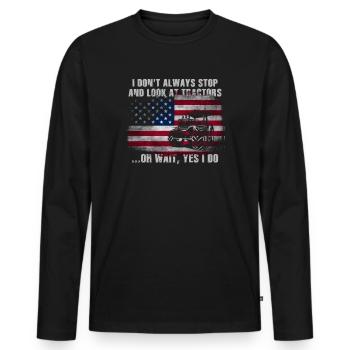 Ich bleibe nicht immer stehen und schaue mir Traktoren an - Männer Premium Bio Langarmshirt - Schwarz - Vorne - Nico (187cm)
