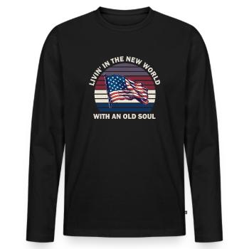 Livin In The New World Old Soul - Men's Premium Organic Long Sleeve Shirt - black - Front - Nico (187cm)