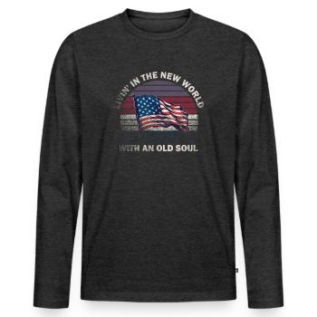 Livin dans le Nouveau Monde Vieille Âme - T-shirt manches longues Premium bio Homme - anthracite chiné - Devant - Nico (187cm)