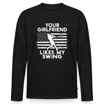 Deine Freundin mag meinen Schwung - Männer Premium Bio Langarmshirt - Schwarz - Vorne - Nico (187cm)