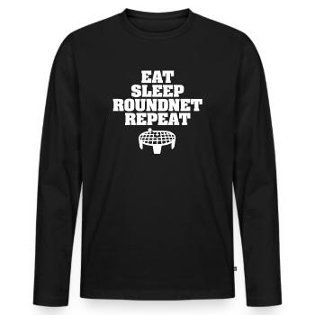 Essen Schlaf Roundnet Wiederholen - Männer Premium Bio Langarmshirt - Schwarz - Vorne - Nico (187cm)