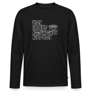 Essen Schlaf Roundnet Wiederholen - Männer Premium Bio Langarmshirt - Schwarz - Vorne - Nico (187cm)