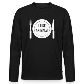 I Like Animals! (Fork / Knife / Plate / White) - Men's Premium Organic Long Sleeve Shirt - black - Front - Nico (187cm)