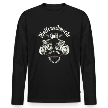 Simson - Waffenschmiede Suhl - Ostalgie - DDR - Männer Premium Bio Langarmshirt - Schwarz - Vorne - Nico (187cm)