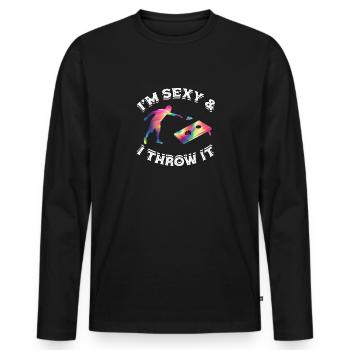 Lustig, ich bin sexy & ich werfe es Shooting Throwing - - Männer Premium Bio Langarmshirt - Schwarz - Vorne - Nico (187cm)
