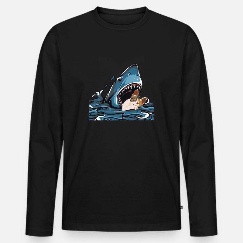 Shark Eating Cat - Männer Premium Bio Langarmshirt - Schwarz