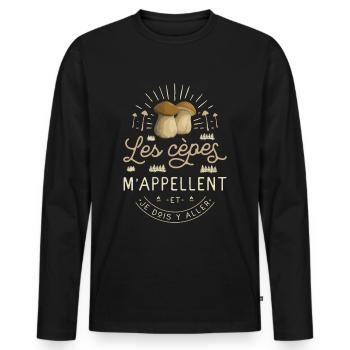 Cèpe Champignon Cueillette Cèpes Champignons - T-shirt manches longues Premium bio Homme - noir - Devant - Nico (187cm)