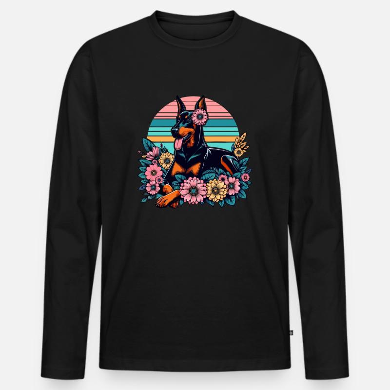 Doberman Retro Pastel Fleurs Fleurs - T-shirt manches longues Premium bio Homme - noir