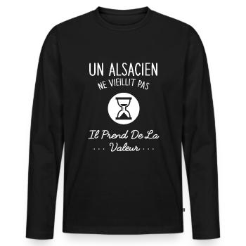 Un Alsacien Ne Vieillit Pas Humour Cadeau Alsace - T-shirt manches longues Premium bio Homme - noir - Devant - Nico (187cm)