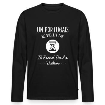 Un Portugais Vieillit Pas Humour Cadeau Portugal - T-shirt manches longues Premium bio Homme - noir - Devant - Nico (187cm)