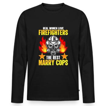 Les vraies femmes aiment les pompiers - plus drôles - T-shirt manches longues Premium bio Homme - noir - Devant - Nico (187cm)