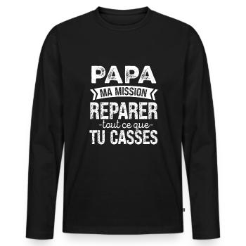 Papa Bricoleur Mission Réparer Ce Que Tu Casses - T-shirt manches longues Premium bio Homme - noir - Devant - Nico (187cm)