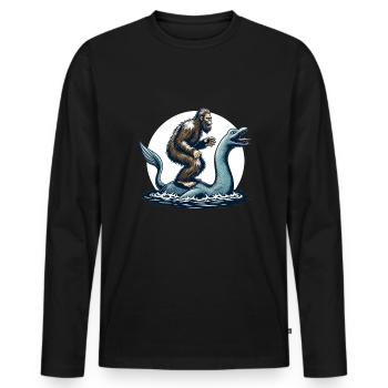 Bigfoot Sasquatch chevauchant le monstre du Loch Ness - T-shirt manches longues Premium bio Homme - noir - Devant - Nico (187cm)