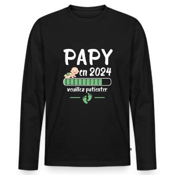 Papy Annonce Grossesse Futur Grand Père 2024 - T-shirt manches longues Premium bio Homme - noir - Devant - Nico (187cm)
