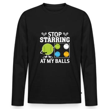 Hör auf, auf meine Eier zu starren - Männer Premium Bio Langarmshirt - Schwarz - Vorne - Nico (187cm)