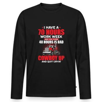 Ich habe eine 70-Stunden-Woche und du denkst an 40 Stunden - Männer Premium Bio Langarmshirt - Schwarz - Vorne - Nico (187cm)