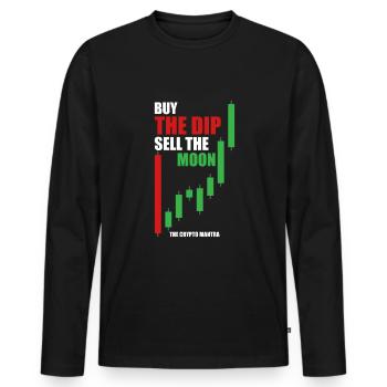 Buy The Dip, Sell The Moon - Das Krypto-Mantra. - Männer Premium Bio Langarmshirt - Schwarz - Vorne - Nico (187cm)
