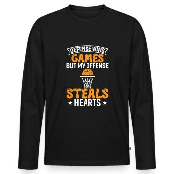 Die Defensive gewinnt Spiele, aber meine Offensive stiehlt Herzen. - Männer Premium Bio Langarmshirt - Schwarz - Vorne - Nico (187cm)