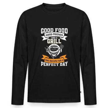 Gutes Essen, gute Freunde und ein Grill - Das Rezept - Männer Premium Bio Langarmshirt - Schwarz - Vorne - Nico (187cm)
