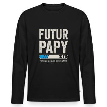 Futur Papy 2025 Annonce Grossesse Papy - T-shirt manches longues Premium bio Homme - noir - Devant - Nico (187cm)