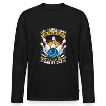 Die Herausforderungen des Lebens sind wie Bowlingkegel. Klopfen Sie auf die - Männer Premium Bio Langarmshirt - Schwarz - Vorne - Nico (187cm)